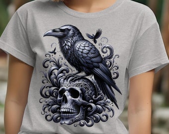 Gothic Raven Skull T-Shirt, Dark Academia Crow Tee