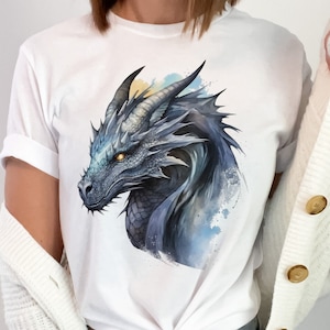 Grauer Drachenkopf T-Shirt, Drachen-Liebhaber-Geschenk, mythische Fantasie-Hemden, Drachen-T-Shirt, Drachenflügel-T-Stück, graues Drachenkopf-T-Shirt