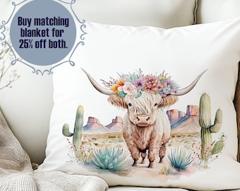 Highland Cow Pillow – Farmhouse Rustic Decor, Boho Country Style