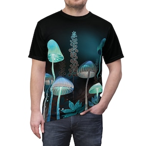 Glowing Mushroom All Over Print Shirt – Trippy Psychedelic Tee with Fantasy Mushroom Design, Perfect for Mushroom Lovers and Festival Wear