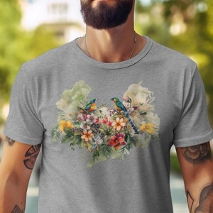 Parrot And Flowers T-Shirt, Bird Watching Shirt, Parrot Lover Tee, Nature Lover Shirts, Gift For Parrot and Flower Lover, Unisex Bird Tee