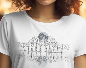 Camiseta con reflejo en un lago iluminado por la luna, camiseta con silueta de naturaleza
