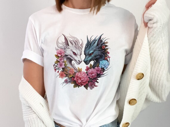 ドラゴンハートTシャツ - 花柄ファンタジー、ドラゴン好きへのギフト 