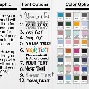 Pode incluir: Um guia de design gr&aacute;fico com texto que diz "D&ecirc;-me a sua ideia e eu a desenharei para si e enviarei para aprova&ccedil;&atilde;o antes de enviar para produ&ccedil;&atilde;o. Posso desenhar qualquer ideia que tenha e assegurarei que esteja 100% satisfeito." O guia tamb&eacute;m inclui 10 op&ccedil;&otilde;es de fonte e uma tabela de cores com 60 op&ccedil;&otilde;es de cores diferentes.