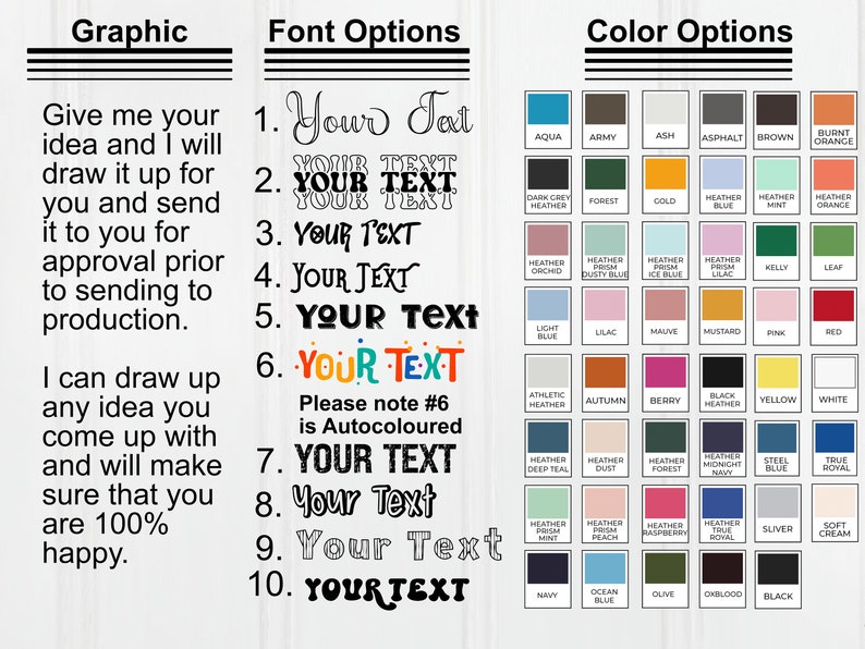 Pode incluir: Um guia de design gr&aacute;fico com texto que diz "D&ecirc;-me a sua ideia e eu a desenharei para si e enviarei para aprova&ccedil;&atilde;o antes de enviar para produ&ccedil;&atilde;o. Posso desenhar qualquer ideia que tenha e assegurarei que esteja 100% satisfeito." O guia tamb&eacute;m inclui 10 op&ccedil;&otilde;es de fonte e uma tabela de cores com 60 op&ccedil;&otilde;es de cores diferentes.