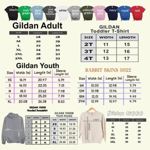 Pode incluir: Uma tabela de tamanhos para t-shirts Gildan para adultos, crian&ccedil;as pequenas e jovens, sweatshirts com capuz e sweatshirts com capuz para jovens. A tabela mostra o tamanho, a largura, o comprimento e o comprimento da manga em polegadas. A tabela tamb&eacute;m inclui o nome da marca Gildan e o texto "Rabbit Skins 3322".