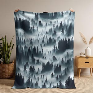 Foggy Forest Blanket – Misty Tree Cabin Decor, Velveteen Plush