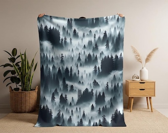 Foggy Forest Blanket – Misty Tree Cabin Decor, Velveteen Plush