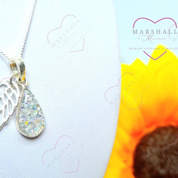 Tear drop necklace & Angel wing charm. Cremation Ashes, pets, hair, fur, memorial keepsake,  gift. Urn.