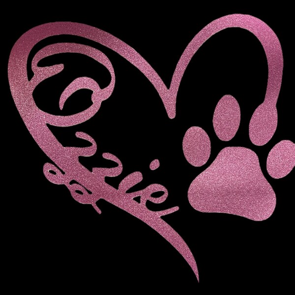 Calcomanía para auto con huella de pata y nombre, calcomanía de vinilo con forma de corazón para amantes de los perros para la ventana del auto, regalo conmemorativo personalizado para mascotas, calcomanía para auto con nombre de mascota, huella de pata rosa con brillo