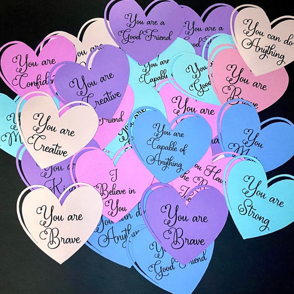 Heart shaped affirmation cards for kids and adults, die cut paper hearts, encouraging lunchbox notes, positivity notes