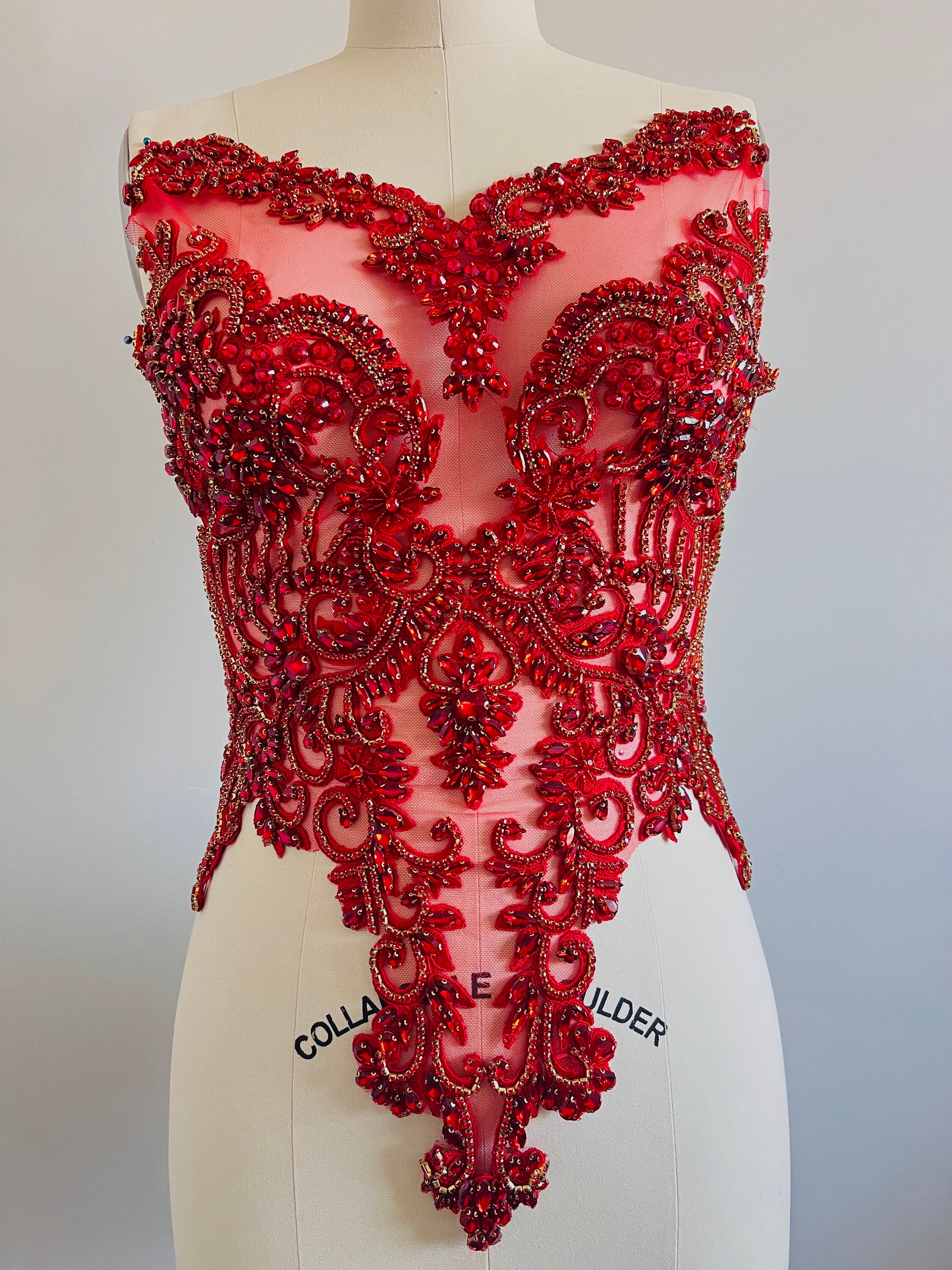 open lace back dress Strapless Red Leaf Lace Prom Dresses with Sheer Corset Bodice and Lace –  DressesTailor main image 1