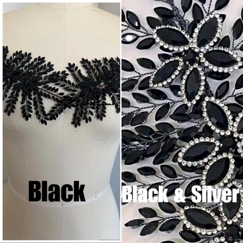 K&ouml;nnte beinhalten: Schwarze Perlenapplikation mit Blattdesign, auf einer Schaufensterpuppe dargestellt. Die Applikation ist mit schwarzen Perlen und Strasssteinen verziert. Der Text "Black" ist sichtbar. Das zweite Bild zeigt eine schwarz-silberne Applikation.