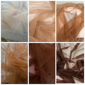 May include: A collection of six fabric swatches in various shades of brown, from light beige to dark brown. The fabric is sheer and has a delicate, mesh-like texture.