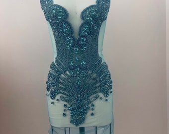 Turquoise Blue Rhinestone Bodice Appliqué/Full Crystal Rhinestone Beaded Appliqué/ 08