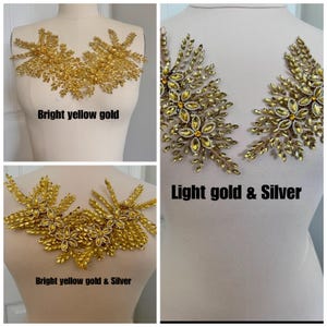 K&ouml;nnte beinhalten: Drei Bilder zeigen goldene Applikationen mit Blumen- und Blattmustern, verziert mit glitzernden Kristallen. Die Applikationen sind in verschiedenen Gold- und Silbert&ouml;nen gehalten. Der Text auf den Bildern lautet "Bright yellow gold", "Light gold & Silver" und "Bright yellow gold & Silver".