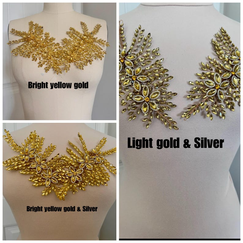 K&ouml;nnte beinhalten: Drei Bilder zeigen goldene Applikationen mit Blumen- und Blattmustern, verziert mit glitzernden Kristallen. Die Applikationen sind in verschiedenen Gold- und Silbert&ouml;nen gehalten. Der Text auf den Bildern lautet "Bright yellow gold", "Light gold & Silver" und "Bright yellow gold & Silver".