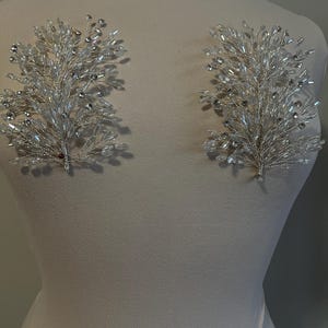May include: Two silver-toned, crystal-embellished floral hair accessories. Each piece features a delicate wire framework adorned with clear, sparkling crystals, arranged in a branch-like design. The accessories are displayed on a mannequin, suggesting bridal or formal wear.