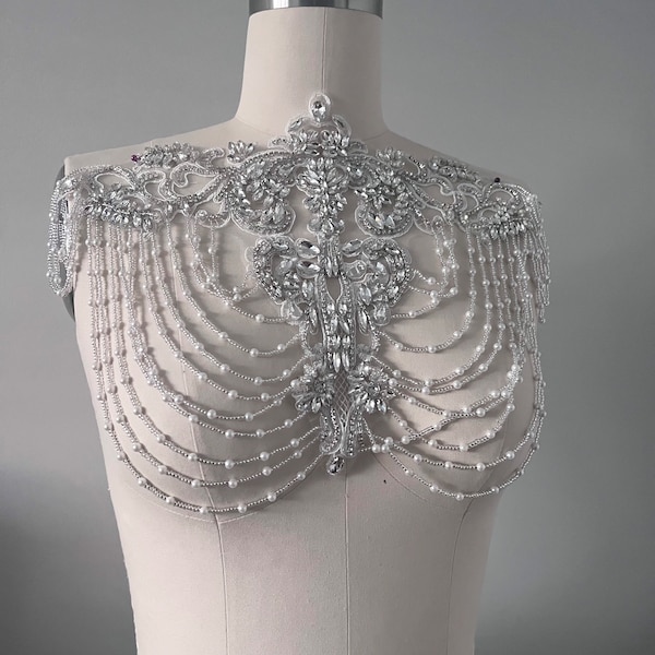 Silver Rhinestone Shoulder Waterfall Chain Appliqué/ Rhinestone & Pearl beaded Chain For Dresses/ 026