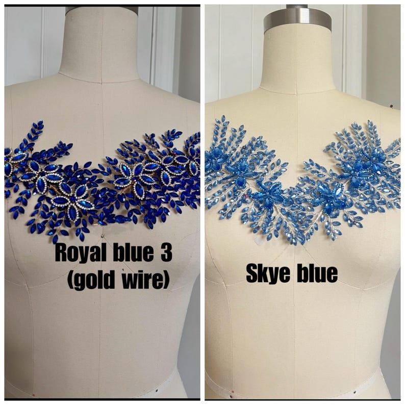 K&ouml;nnte beinhalten: Zwei dekorative Applikationen, die auf Schneiderpuppen pr&auml;sentiert werden. Eine ist k&ouml;nigsblau mit Golddraht, die andere himmelblau. Beide weisen Blumen- und Blattmuster mit funkelnden Verzierungen auf. Der Text "Royal blue 3 (gold wire)" und "Skye blue" sind sichtbar.