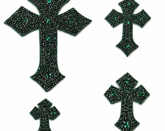 No87.キラキラクロス☆ストーン付き十字架☆ クリスタルグリーンのアイロン接着ラインストーンデザイン、キラキラ