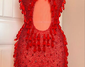 Red Bodice Applique/ Red Rhinestone Bodice With Chandelier Crystal Stones 079