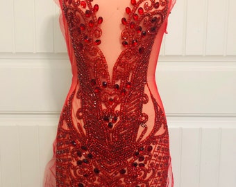 Red Appliqués / Orange Applique/ Gold Rhinestone Crystal Bodice Applique/ 04