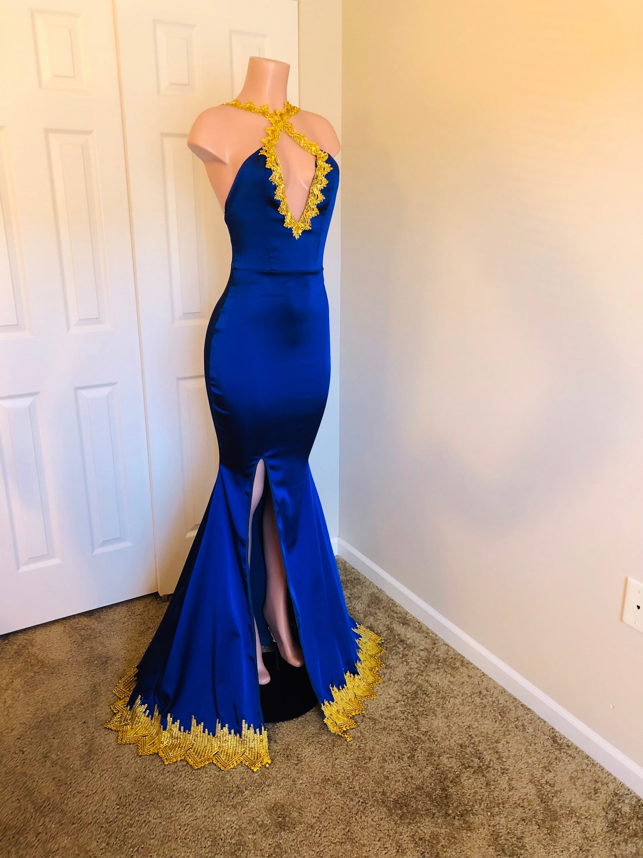 Gold Blue Muslim Wedding Dress Long Sleeve Ball Gown 67026 high neck –  Viniodress