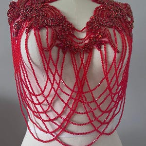 Red Rhinestone Floral Patch Appliqués with Beaded Waterfall Crystal beads fringes/019