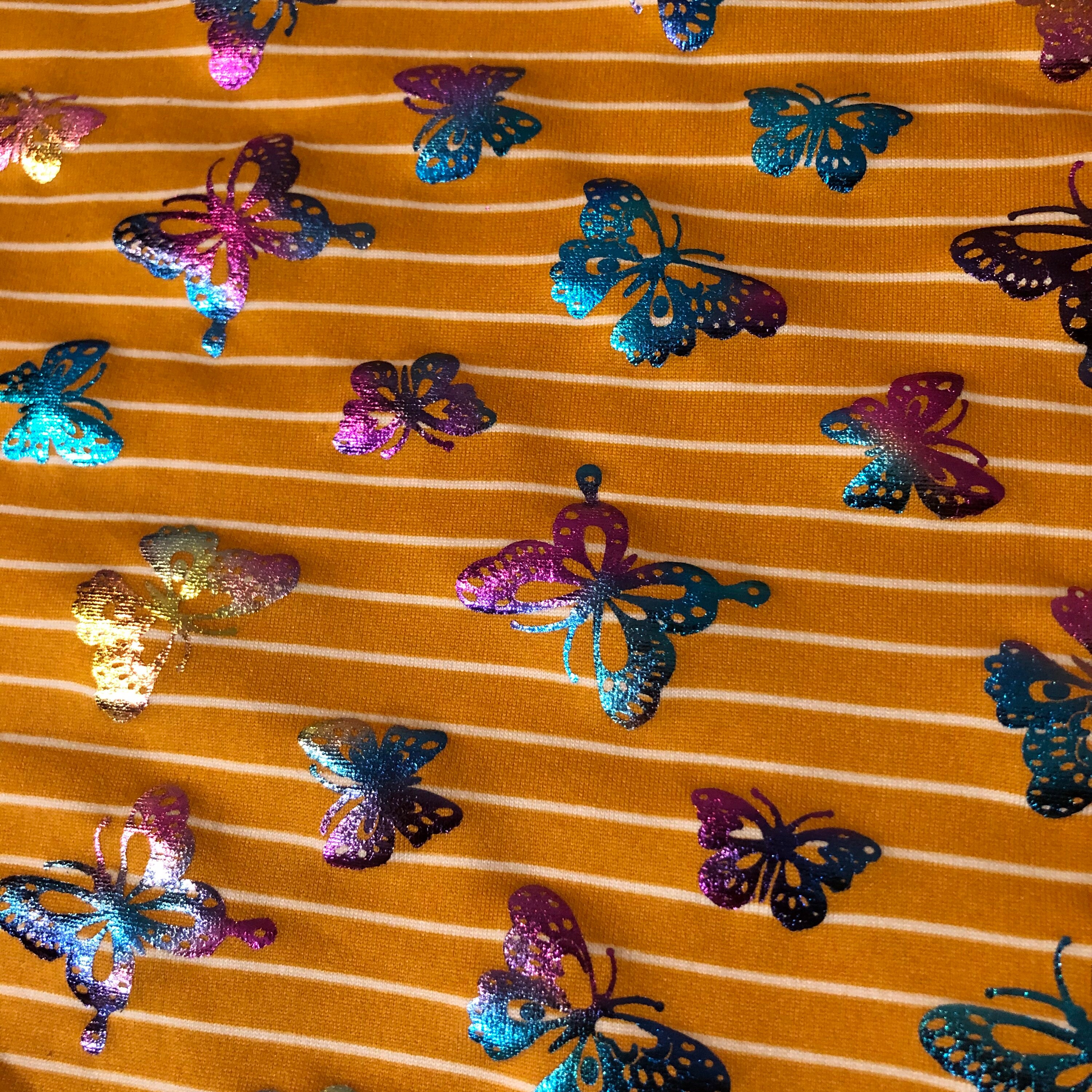 Yellow Metallic Colored Butterfly 100% Cotton Fabric/ Metallic Foil Print Cotton Jersey Spandex 4 Way Stretch Fabric By The Yard