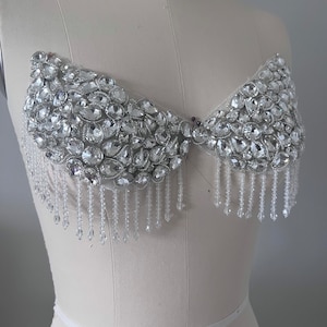 Silver Rhinestone Appliqués with Crystal beads fringes/ Rhinestone Shoulder Appliqués with tassels/ Comes in pair 017