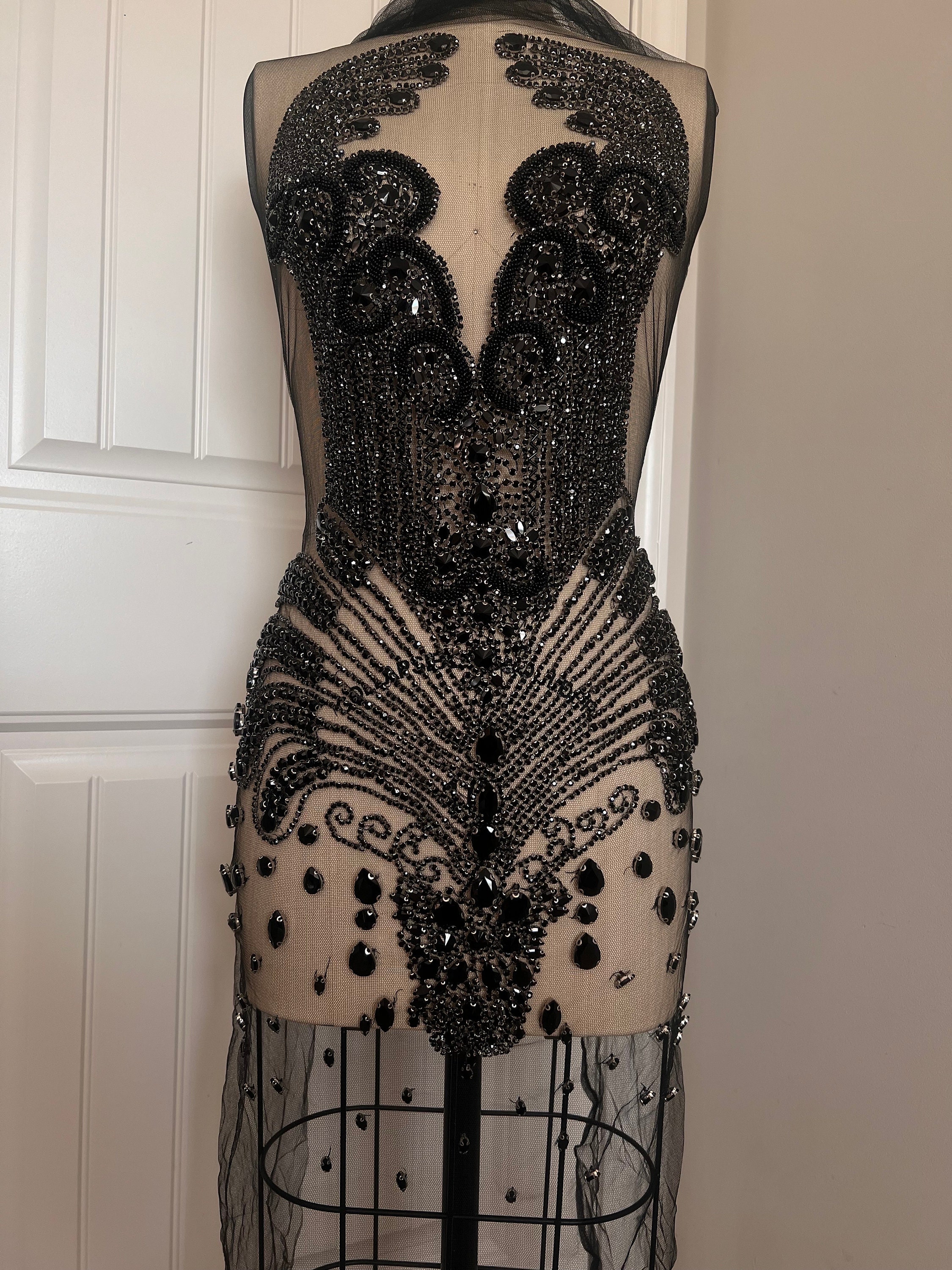 black rhinestone birthday dress 80s Black Rhinestone Cage Neck Mini Dress
