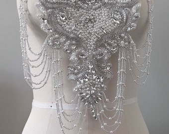 Silver Chain Shoulder Appliqués / Bodice Rhinestone Chain Applique / Wedding Dress Embellishments/ 024