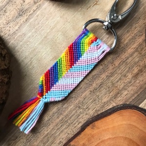 Trans and rainbow flag macrame pride keychain