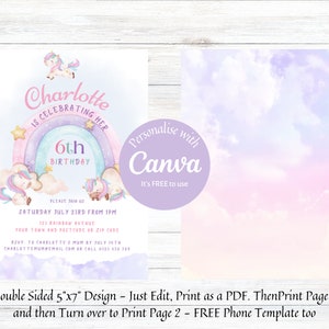 Invitation de fête d&#39;anniversaire arc-en-ciel de licorne, téléchargement immédiat invitation de fête d&#39;anniversaire de filles modifiables, invitations imprimables de fête d&#39;anniversaire