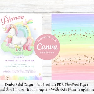 Téléchargement instantané Invitation de fête d&#39;anniversaire arc-en-ciel de licorne, invitation de fête d&#39;anniversaire de filles modifiables, invitations imprimables de fête d&#39;anniversaire