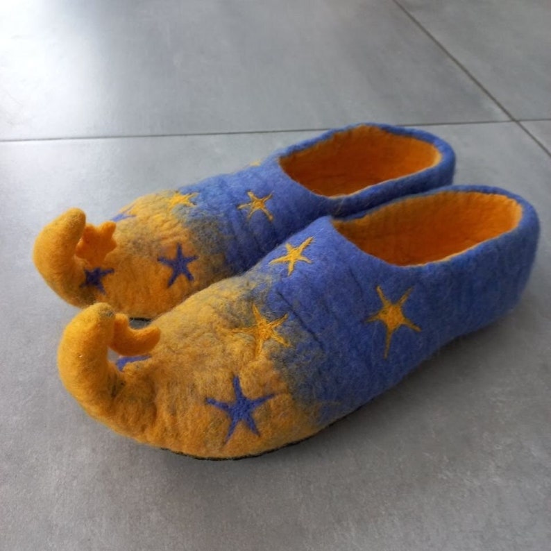 Merino Wool Handmade Slippers, Unique Felted Pattern with Stars Gift, Starry Night Woolen Indoor Shoe Eco-Friendly Natural Wool Slippers image 2