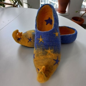 Merino Wool Handmade Slippers, Unique Felted Pattern with Stars Gift, Starry Night Woolen Indoor Shoe Eco-Friendly Natural Wool Slippers