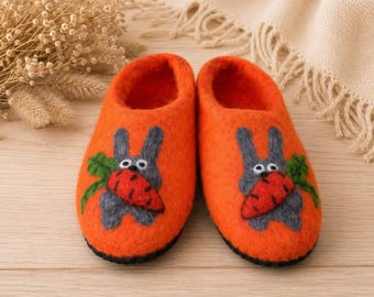 Orange Felted Wool Slippers Bunny Rabbit Slippers Handmade Sheep Wool House Shoes Cute Rabbit with Carrot Gift for Her Him Unisex