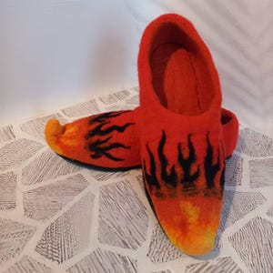 Handmade Merino Wool Felted Elf Slippers in Flame Colors, Cozy Fantasy Shoes