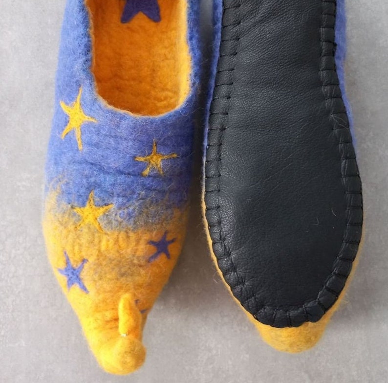 Merino Wool Handmade Slippers, Unique Felted Pattern with Stars Gift, Starry Night Woolen Indoor Shoe Eco-Friendly Natural Wool Slippers image 8