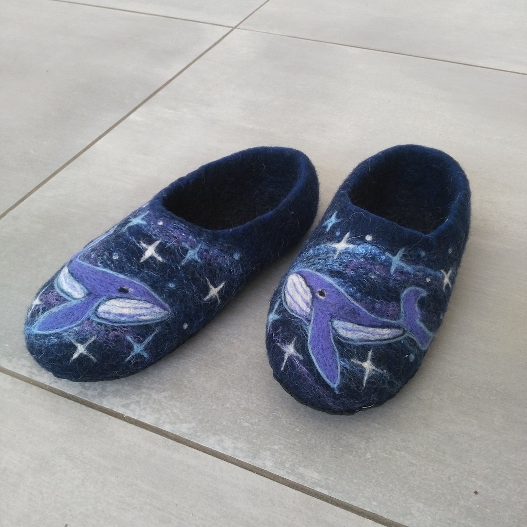 Slippers Blue Pattern Dark Blue Felted Slippers With Whales and Stars, Merino Wool Handmade ...