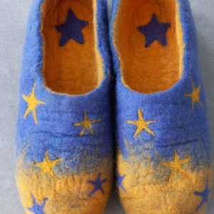Merino Wool Handmade Slippers, Unique Felted Pattern with Stars Gift, Starry Night Woolen Indoor Shoe Eco-Friendly Natural Wool Slippers image 3