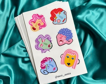 Funky Faces Sticker Sheet | 6 Whimsical Character Portraits | Unique Laptop Decals