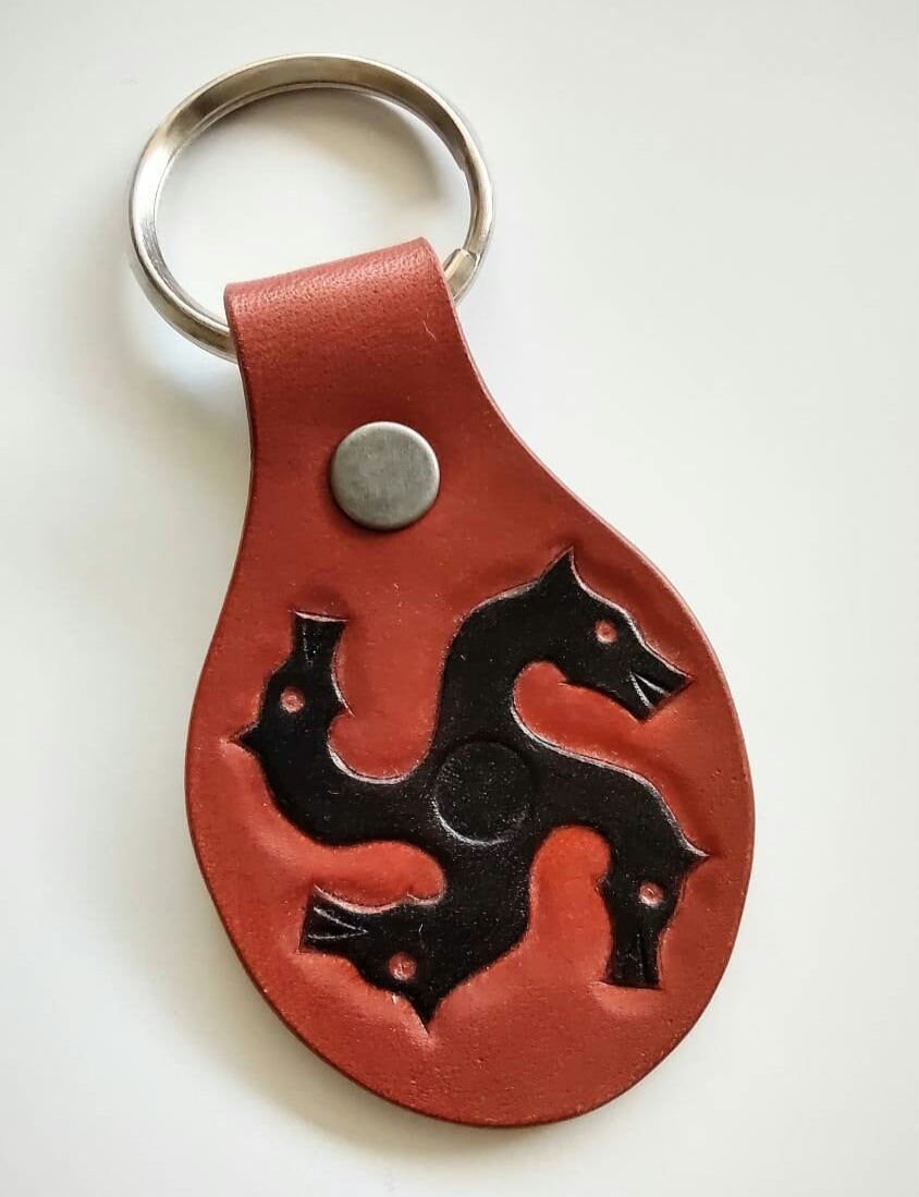 Handmade leather key fob, Roman horse head decoration, antiquity swastika, animal deco, gift for historian, ancient Rome art history, tooled