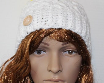 Handmade Crochet Hat-Beanie Yellow White-Knit Hat Yellow-Beanie 3-D Hat-Women White Hat-Teen Hat Yellow-knitted Yellow Hat-Hat Crochet  Knit