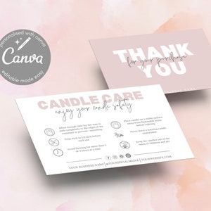 Kaarsverzorgingskaartsjabloon Canva, Kaarsbedrijf Bedankt voor uw aankoop, afdrukbaar bedankje voor bestelkaarten Minimalistische kaarsverzorging