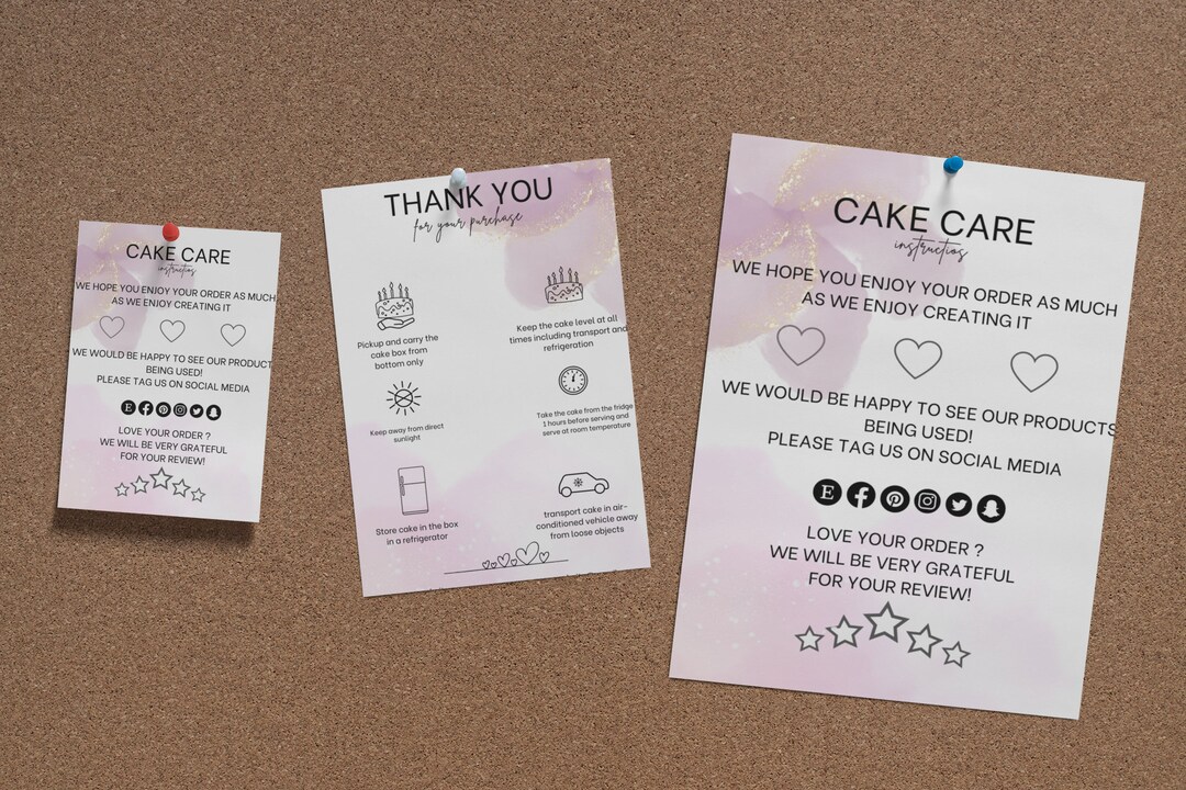 Cake Care Card Template, Cake Business Thank You Cards, Cake Business