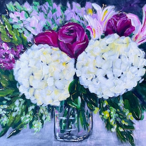 May include: A painting of a bouquet of flowers in a clear glass vase. The bouquet includes white hydrangeas, pink lilies, and deep purple roses. The flowers are arranged in a vase on a light purple background.