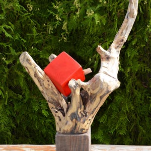 Driftwood Branch Sculpture with Red Cube: Rustic Nautical Decor